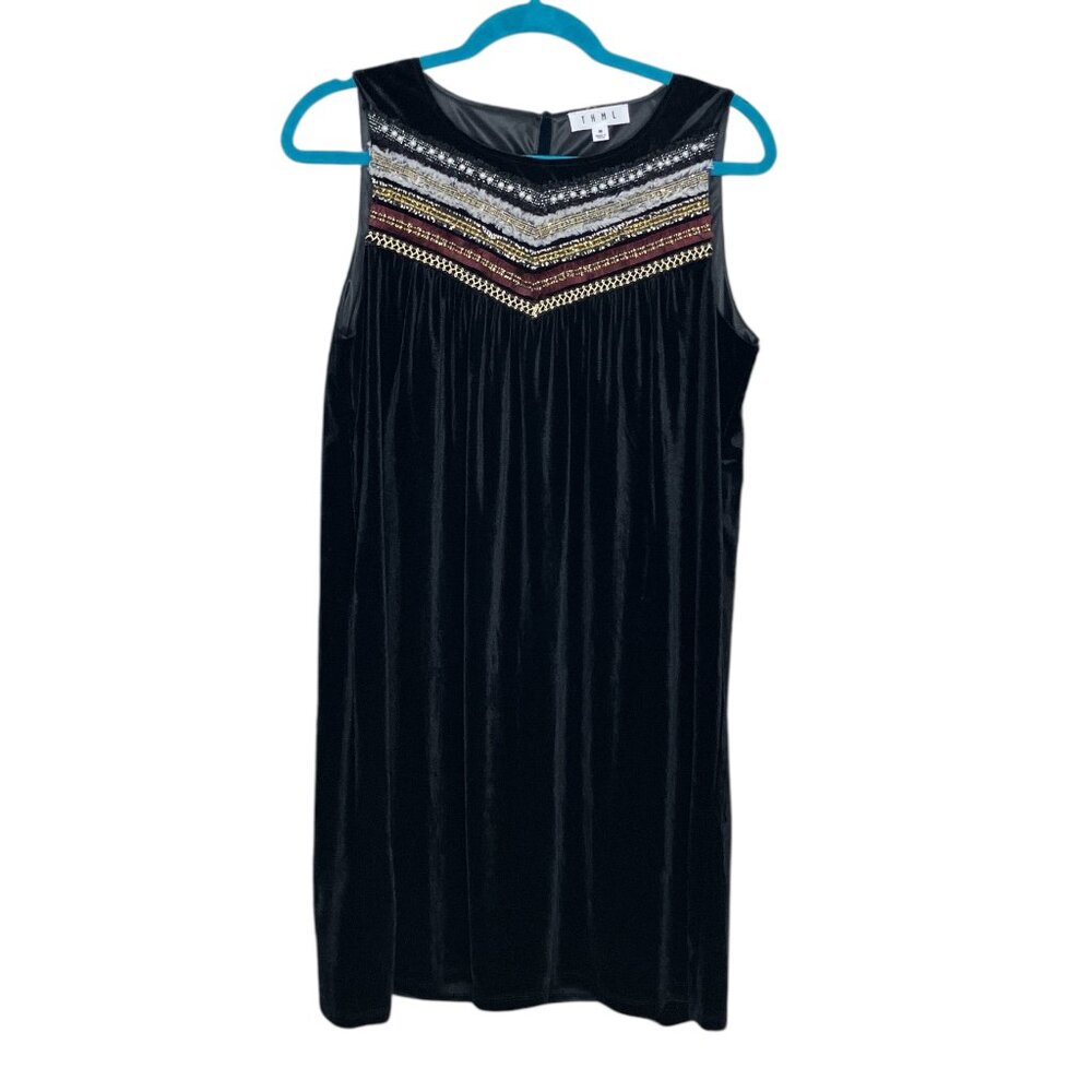 Anthropologie Medium M THML Black‎ Velvet Embroidered Babydoll Mini Dress Boho - Picture 2 of 6